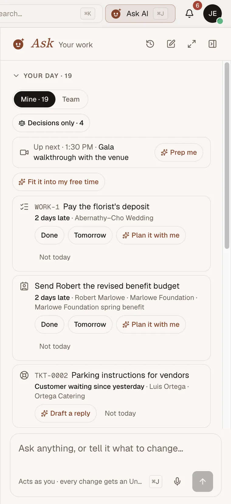 The Ask panel showing Jordan's day: next meeting with Prep me, late tasks with Plan it with me, and a waiting ticket with Draft a reply