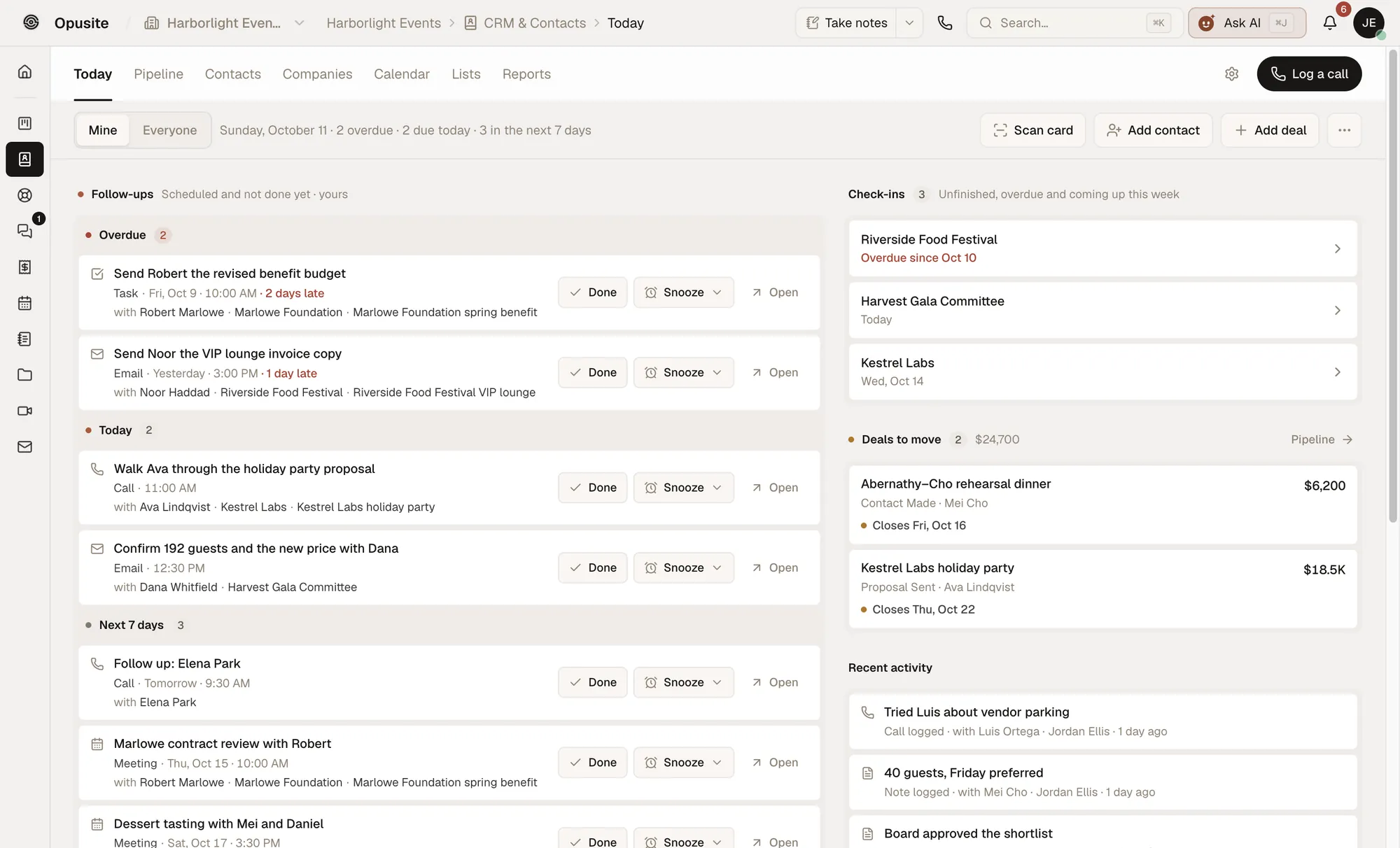 Opusite CRM Today screen with overdue follow-ups, customer check-ins and deals to move
