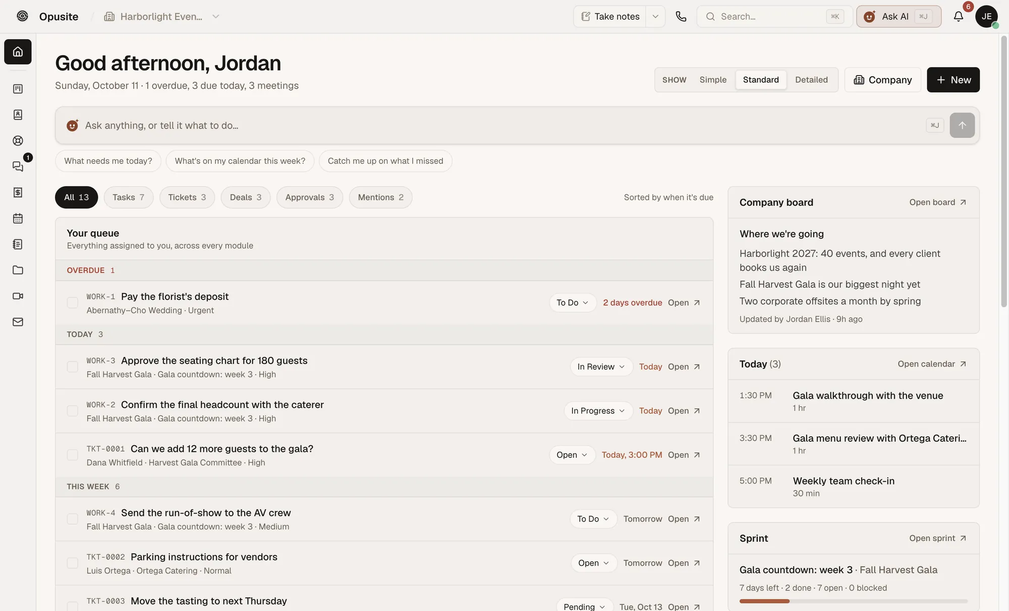The Opusite Home screen for Jordan at Harborlight Events: a queue of overdue and due-today work from every tool, an Ask box, the company board and today's meetings